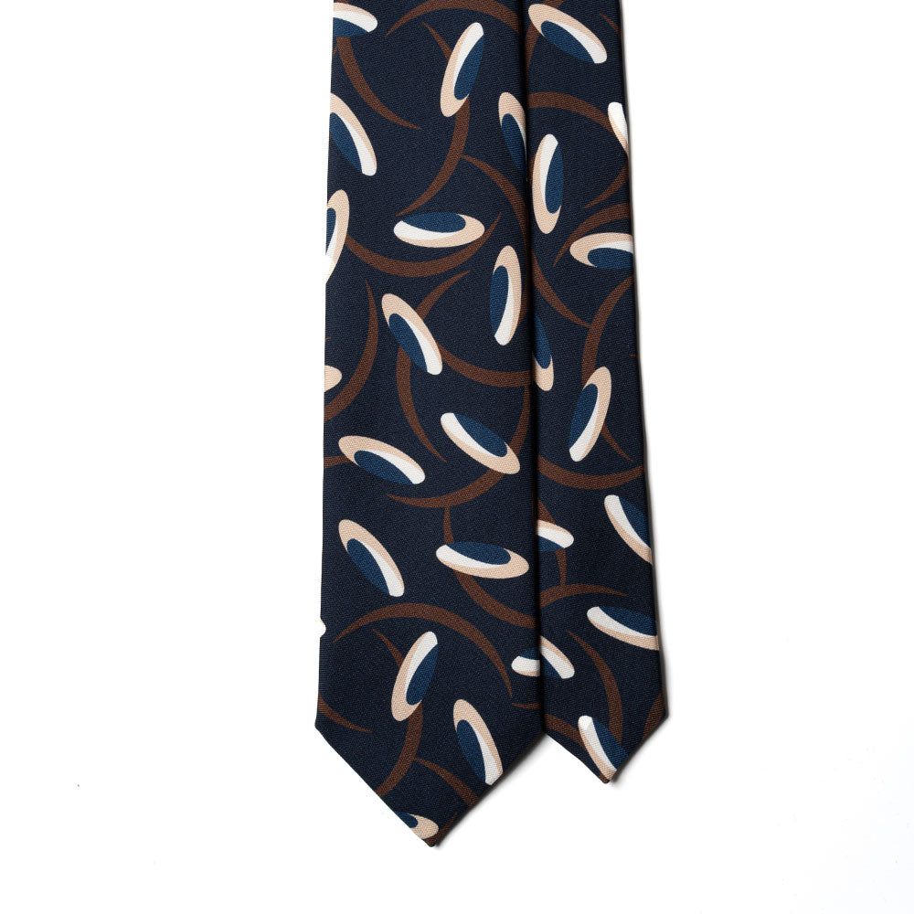 Signature Pattern Dark Navy Sand Brown Printed Silk Tie