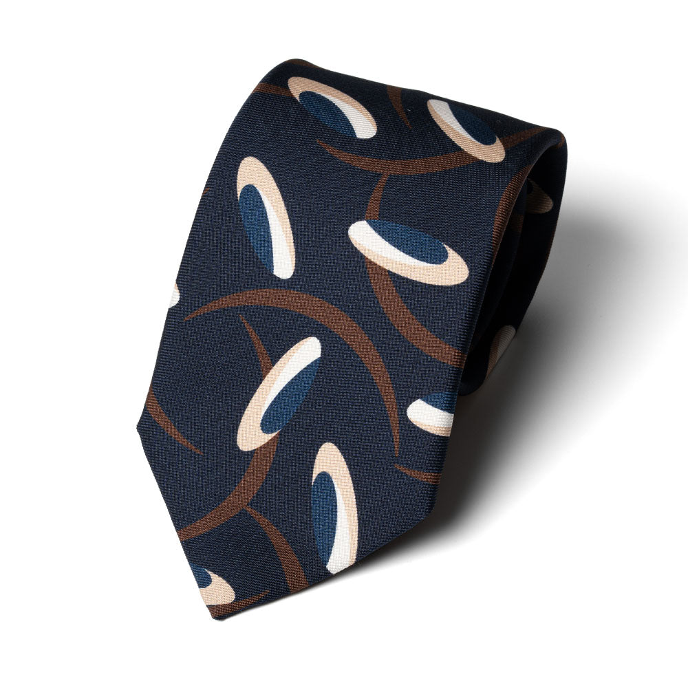 Signature Pattern Dark Navy Sand Brown Printed Silk Tie