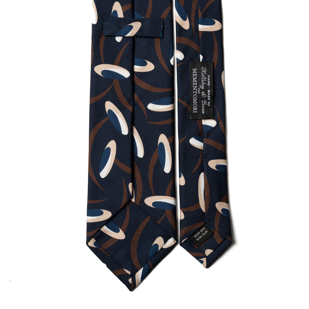 Signature Pattern Dark Navy Sand Brown Printed Silk Tie