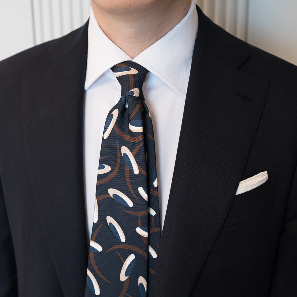 Signature Pattern Dark Navy Sand Brown Printed Silk Tie
