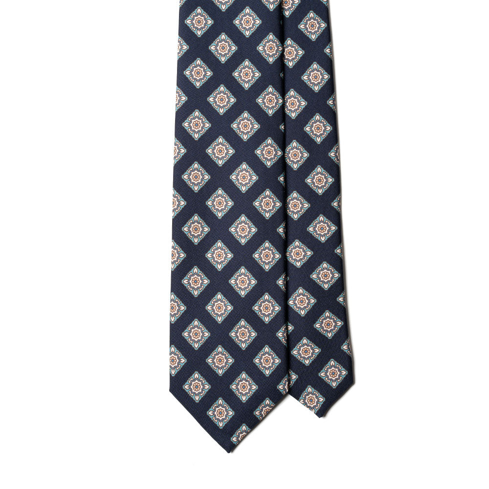 Oriental Medallion Pattern Dark Navy Mint Printed Silk Tie