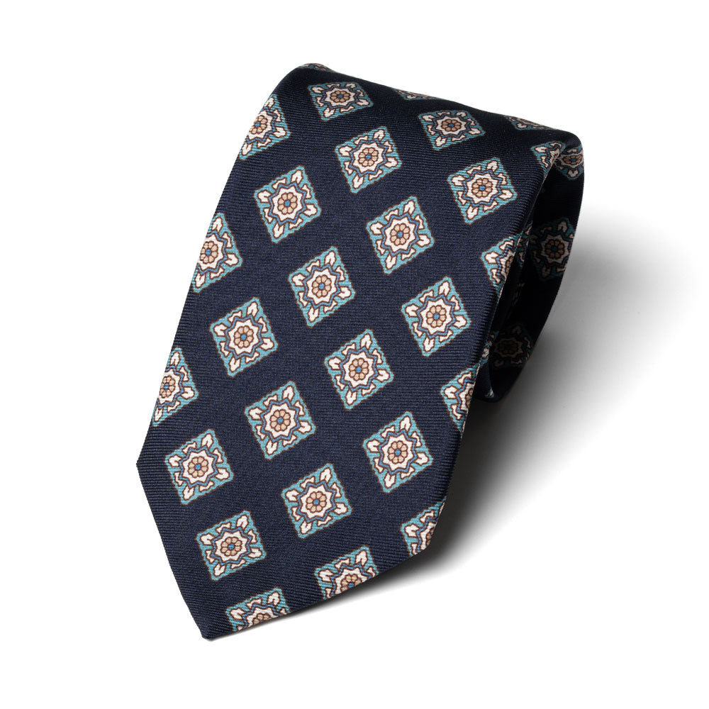 Oriental Medallion Pattern Dark Navy Mint Printed Silk Tie