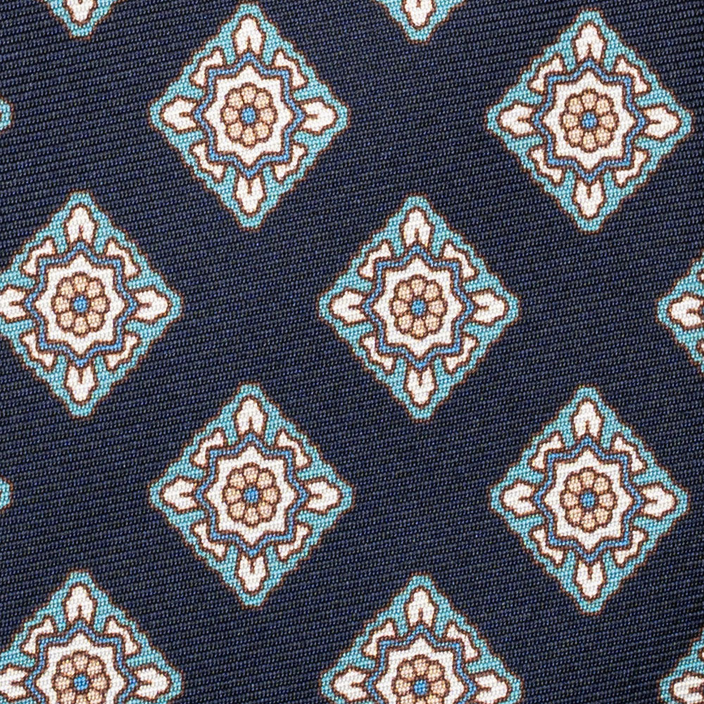 Oriental Medallion Pattern Dark Navy Mint Printed Silk Tie