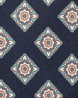 Oriental Medallion Pattern Dark Navy Mint Printed Silk Tie