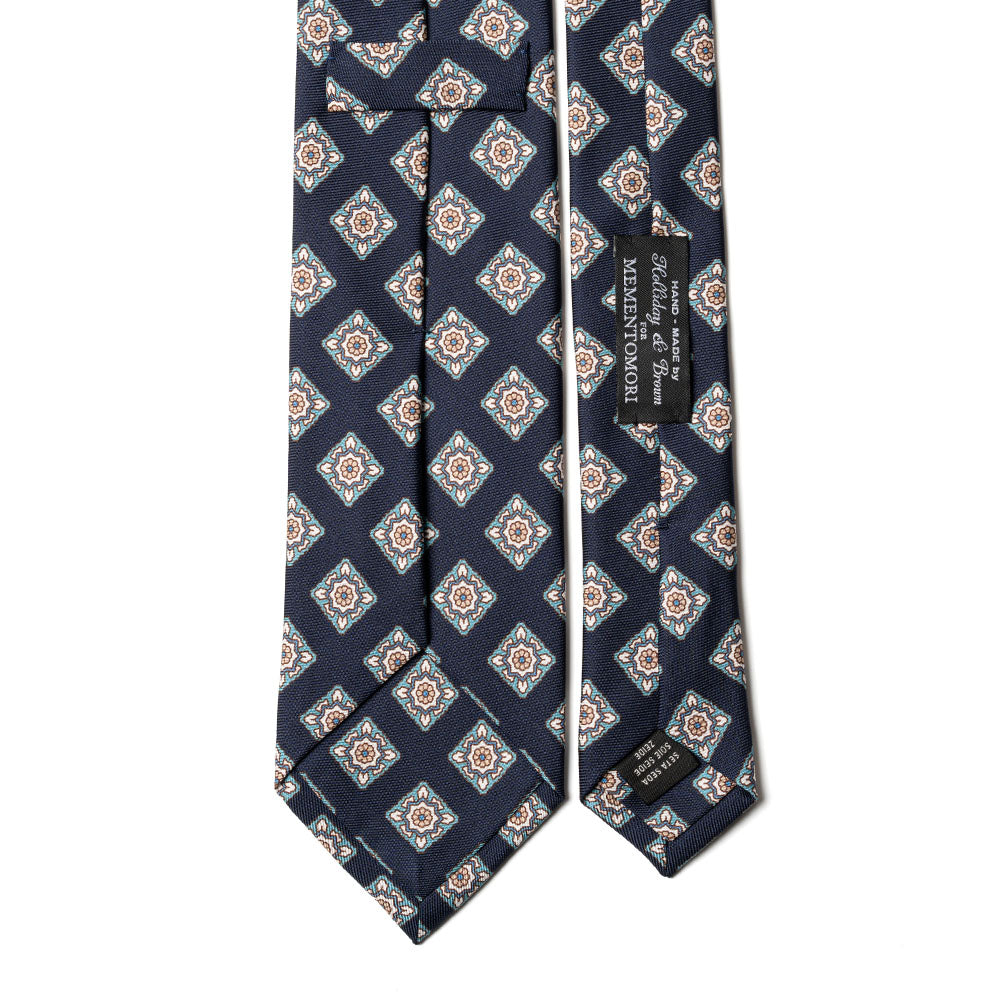 Oriental Medallion Pattern Dark Navy Mint Printed Silk Tie