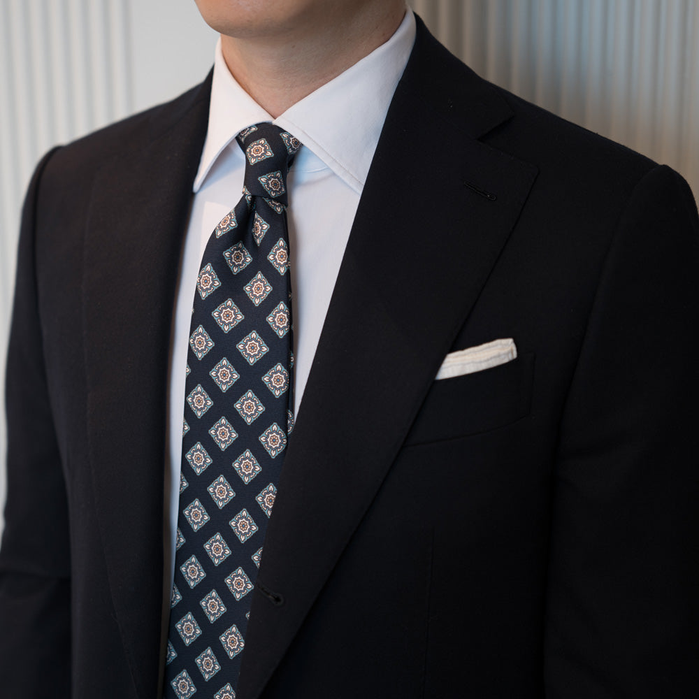 Oriental Medallion Pattern Dark Navy Mint Printed Silk Tie