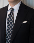 Oriental Medallion Pattern Dark Navy Mint Printed Silk Tie