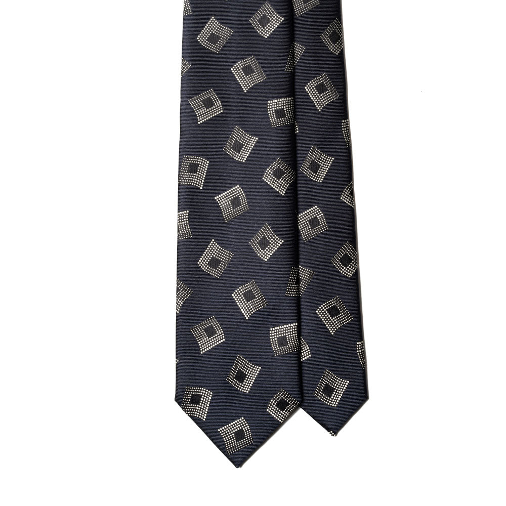 Wave Square Dot Pattern Dark Navy Woven Silk Tie