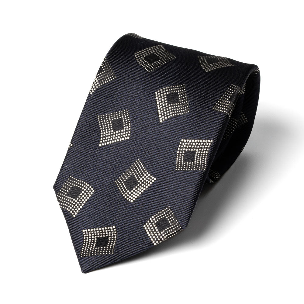 Wave Square Dot Pattern Dark Navy Woven Silk Tie