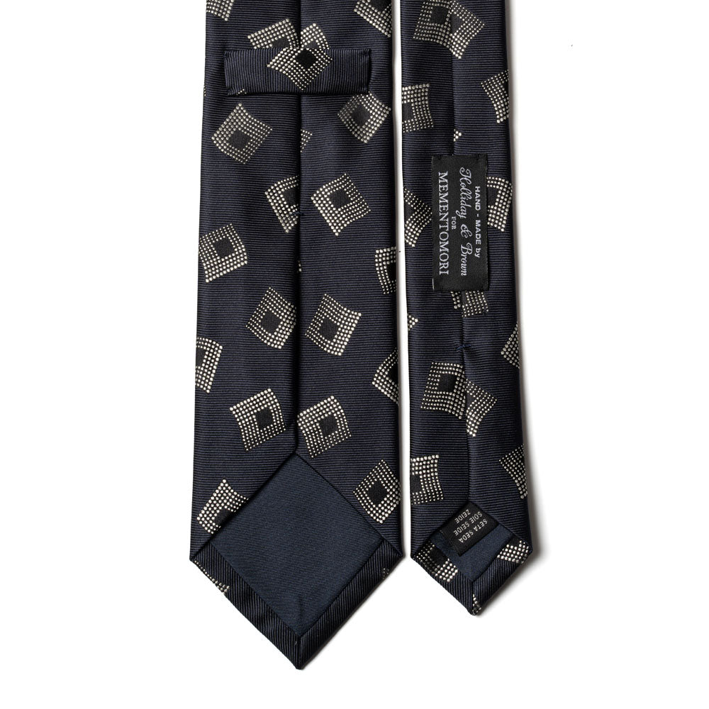 Wave Square Dot Pattern Dark Navy Woven Silk Tie