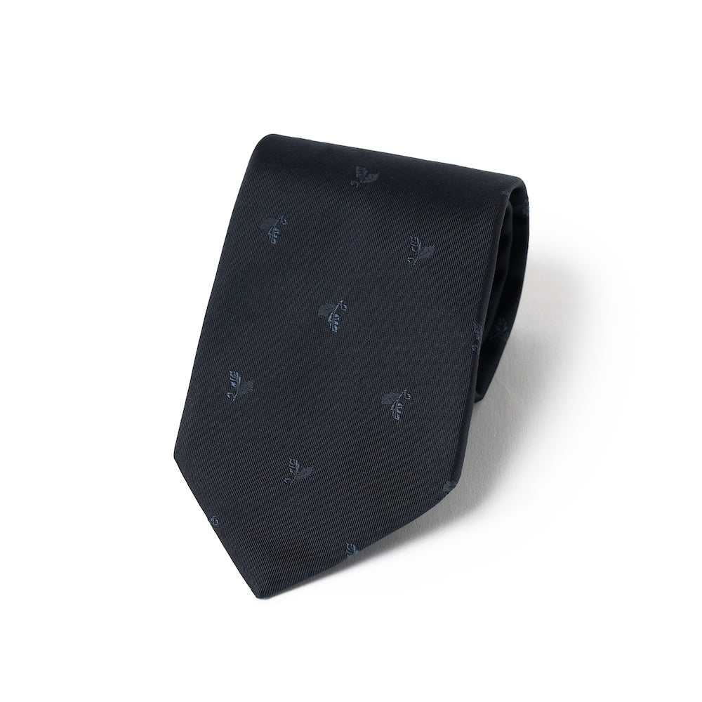 Mini Leaf Motif Pattern Dark Navy Woven Silk Tie