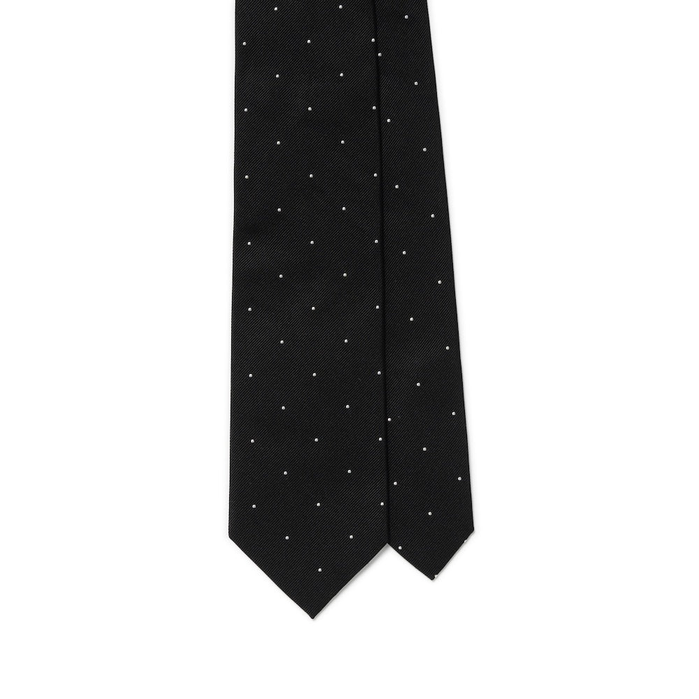 White Small Polka Dot Pattern Jet Black Woven Silk Tie