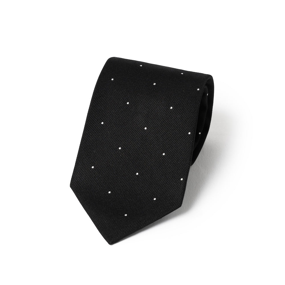 White Small Polka Dot Pattern Jet Black Woven Silk Tie