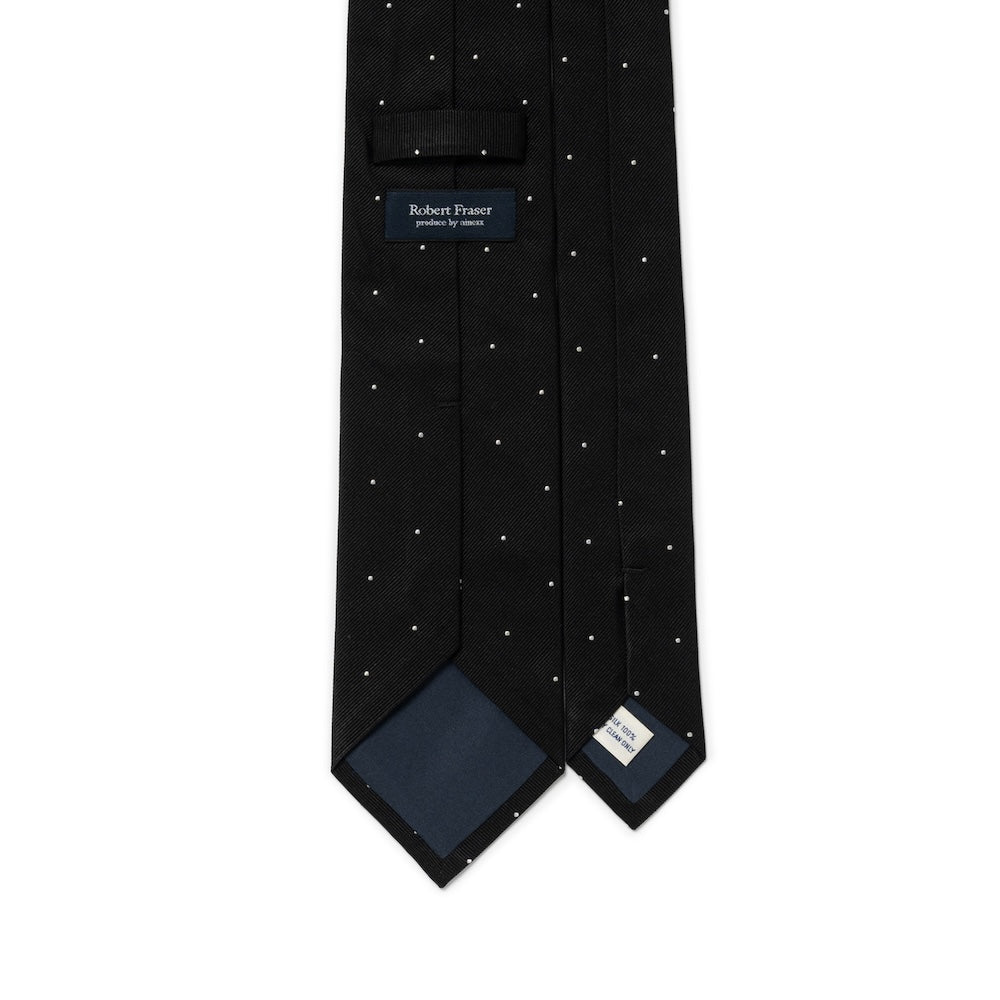 White Small Polka Dot Pattern Jet Black Woven Silk Tie