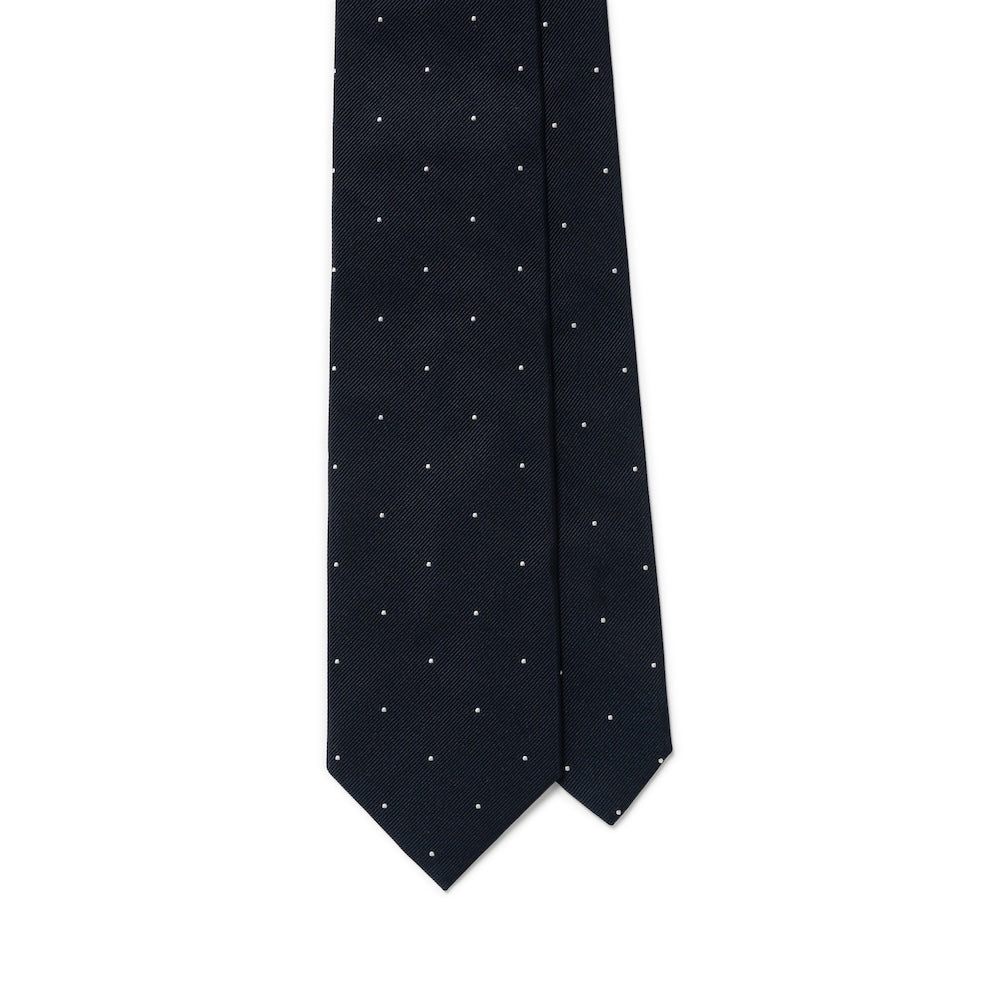 White Small Polka Dot Pattern Dark Navy Woven Silk Tie