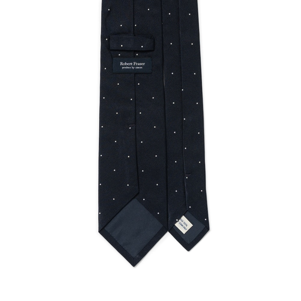 White Small Polka Dot Pattern Dark Navy Woven Silk Tie