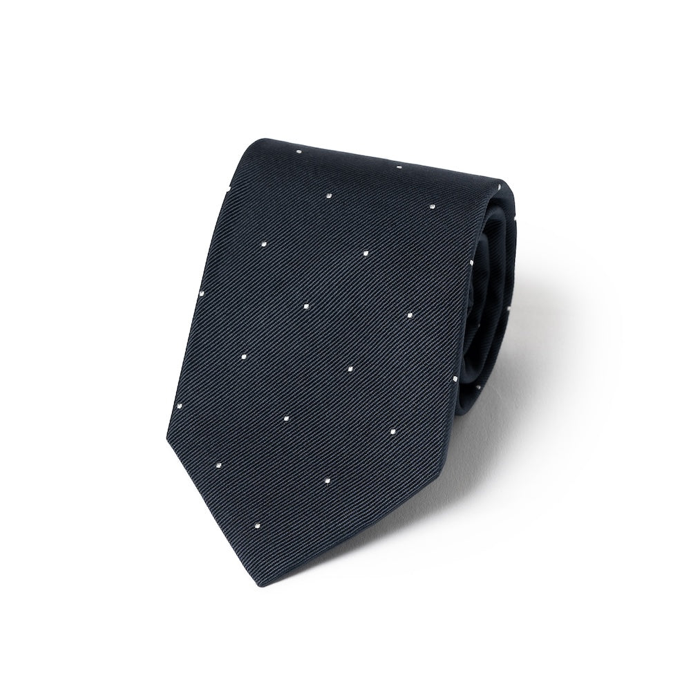 White Small Polka Dot Pattern Blue Grey Woven Silk Tie