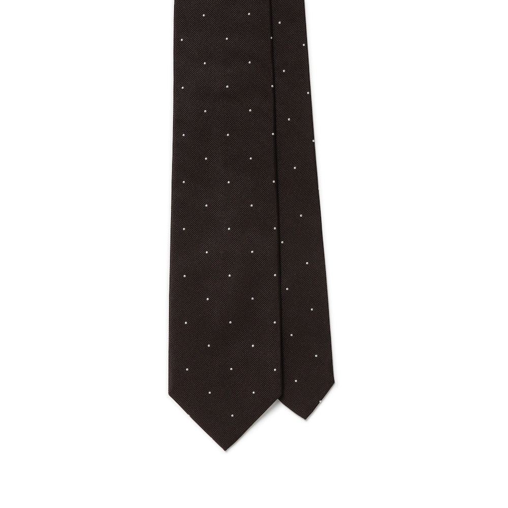 White Small Polka Dot Pattern Espresso Brown Woven Silk Tie