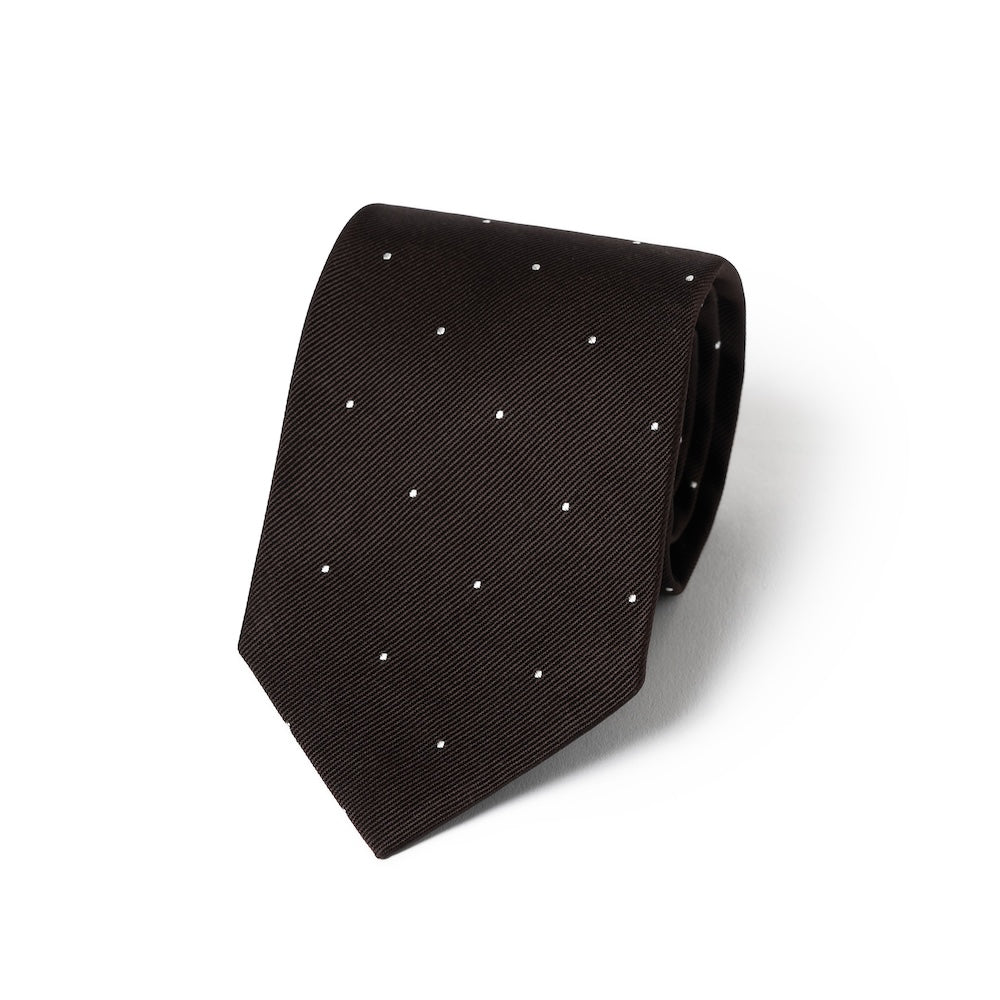 White Small Polka Dot Pattern Espresso Brown Woven Silk Tie