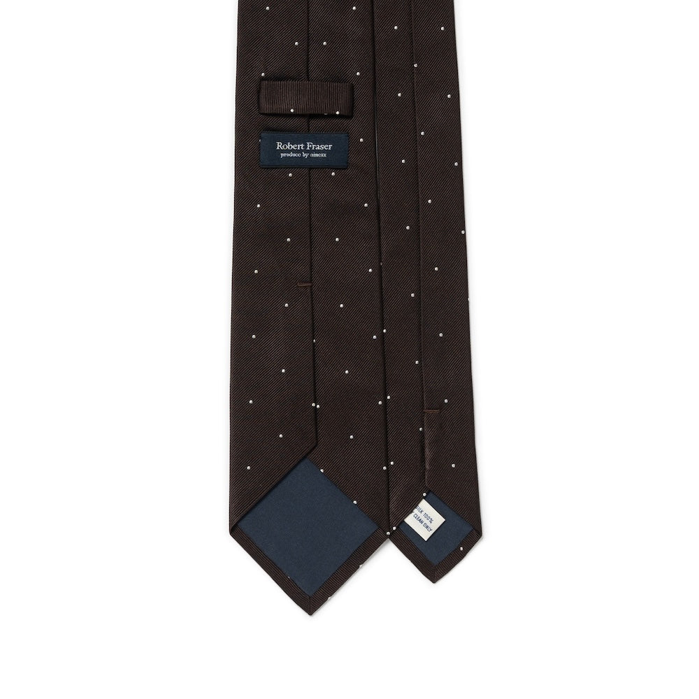 White Small Polka Dot Pattern Espresso Brown Woven Silk Tie