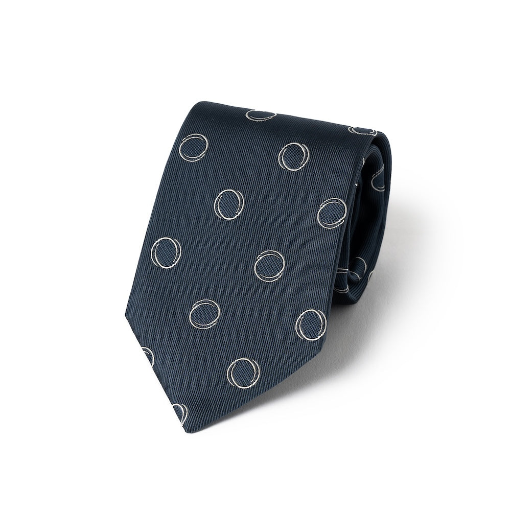 Big Double Circle Dot Pattern Dark Navy Woven Silk Tie