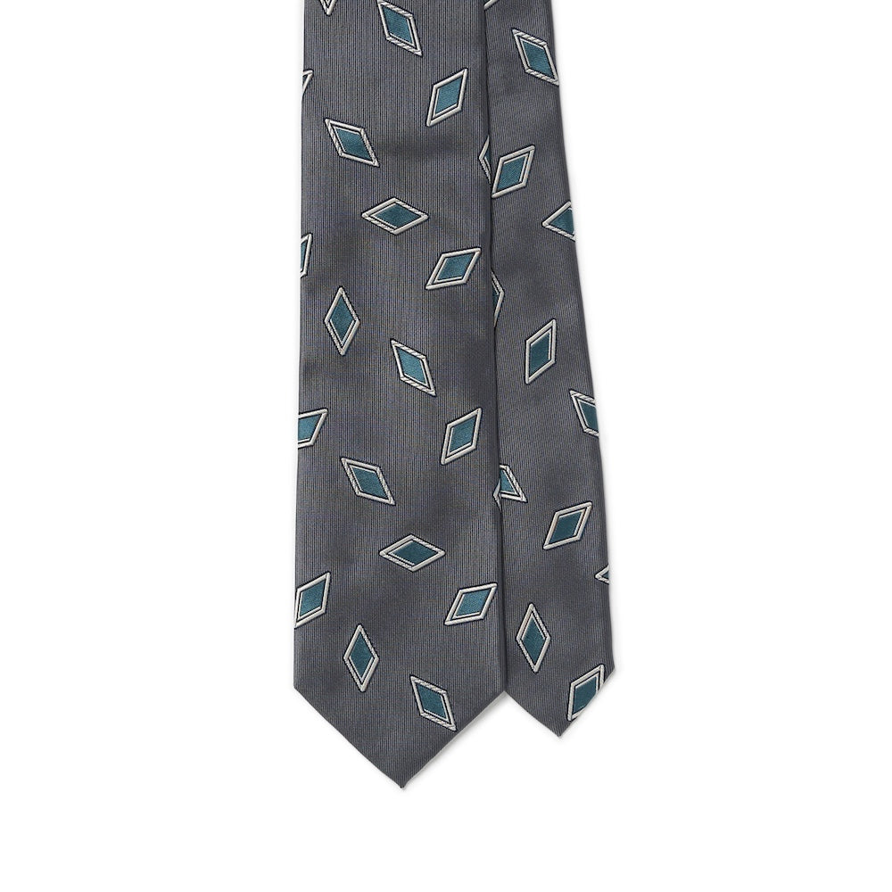Diamond Pattern Charcoal Grey Blue Woven Silk Tie