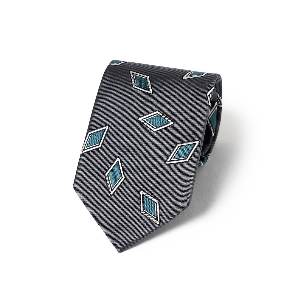 Diamond Pattern Charcoal Grey Blue Woven Silk Tie
