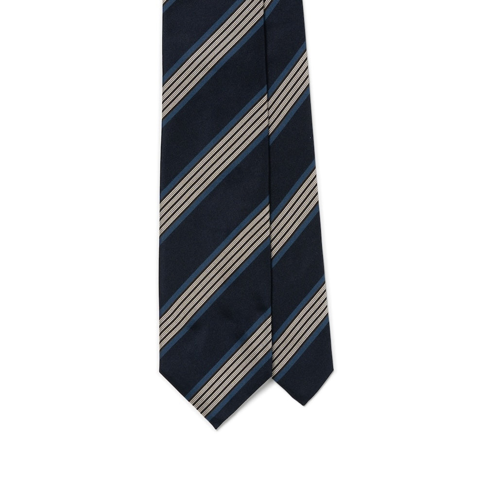 White Quattro Stripe Deep Navy Woven Silk Tie