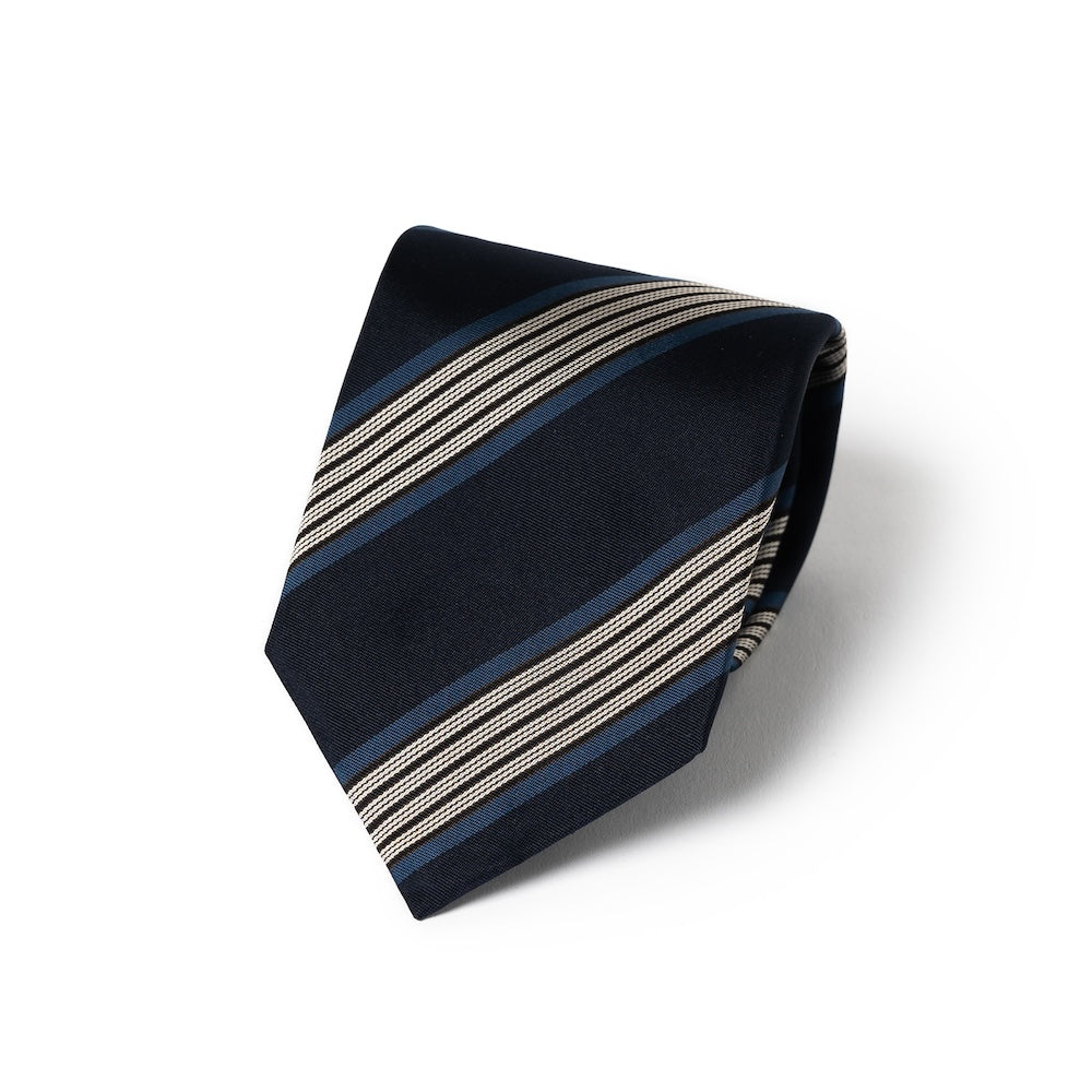 White Quattro Stripe Deep Navy Woven Silk Tie