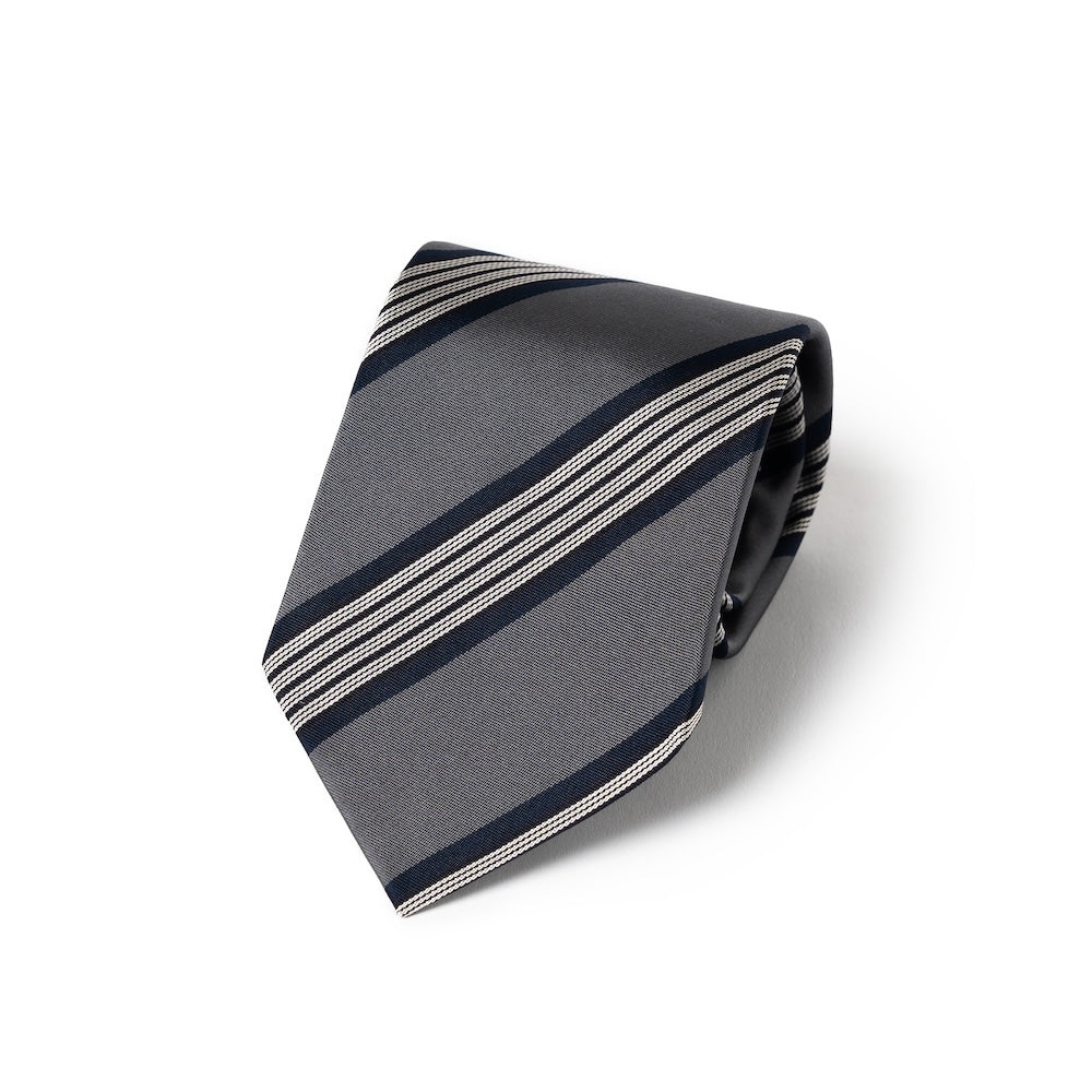 White Quattro Stripe Charcoal Grey Woven Silk Tie