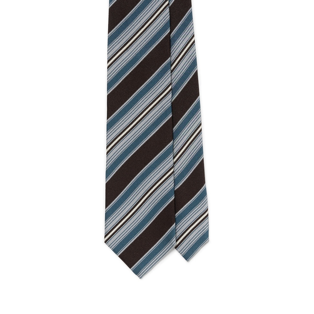 Multi Stripe Dark Brown Teal Blue Woven Silk Tie