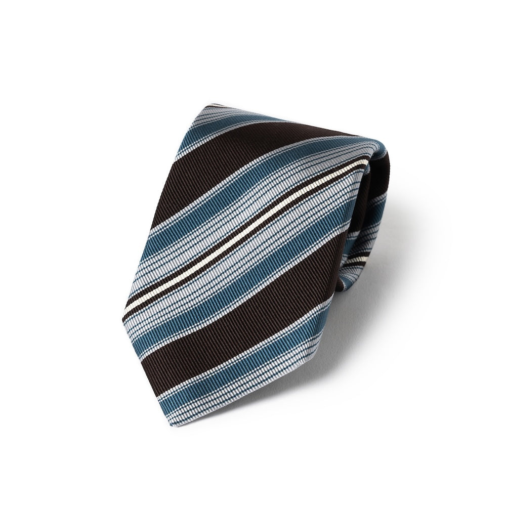 Multi Stripe Dark Brown Teal Blue Woven Silk Tie
