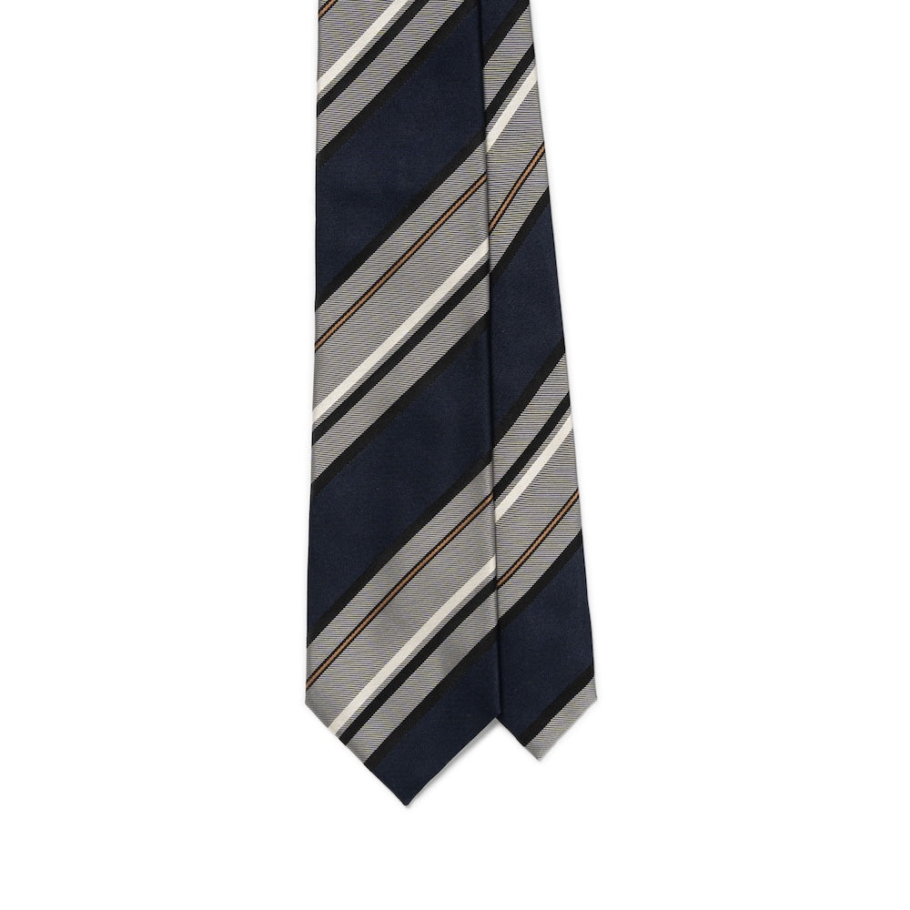 Block Stripe Dark Navy Grey Woven Silk Tie