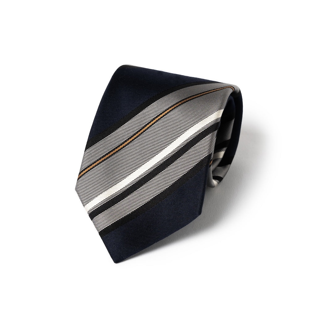Block Stripe Dark Navy Grey Woven Silk Tie