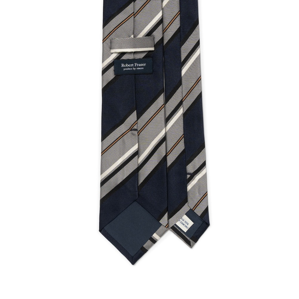 Block Stripe Dark Navy Grey Woven Silk Tie