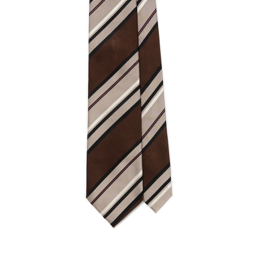 Block Stripe Dark Brown Sand Beige Woven Silk Tie
