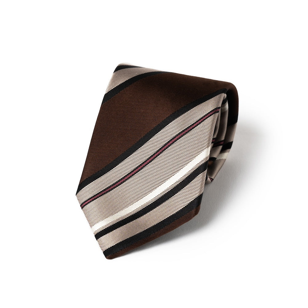 Block Stripe Dark Brown Sand Beige Woven Silk Tie