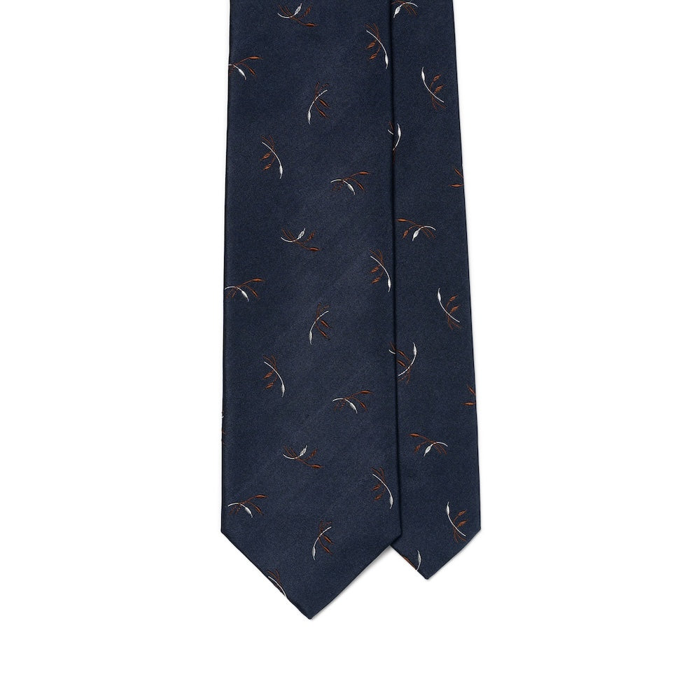 Leaf Motif Pattern Dark Navy Woven Silk Tie