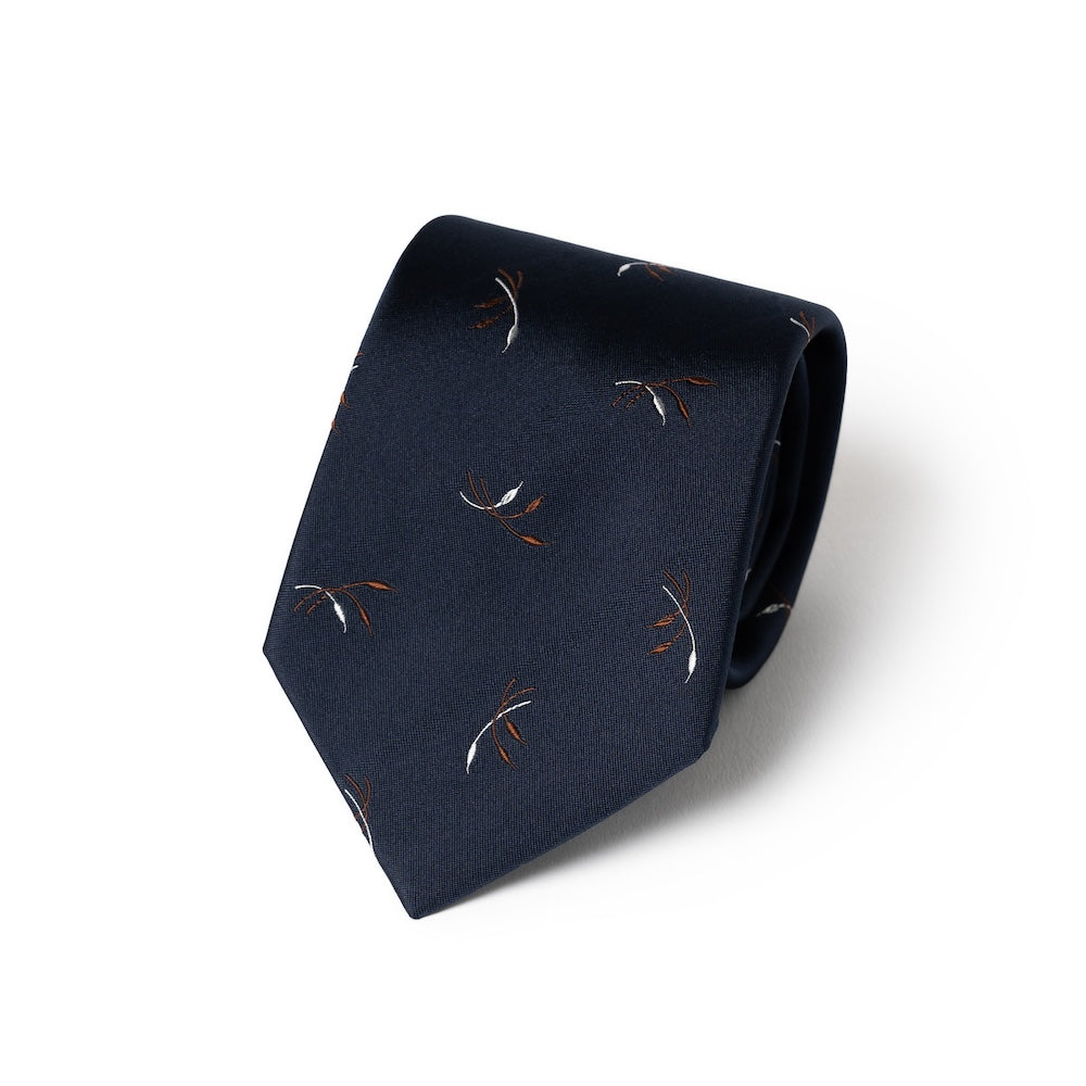 Leaf Motif Pattern Dark Navy Woven Silk Tie