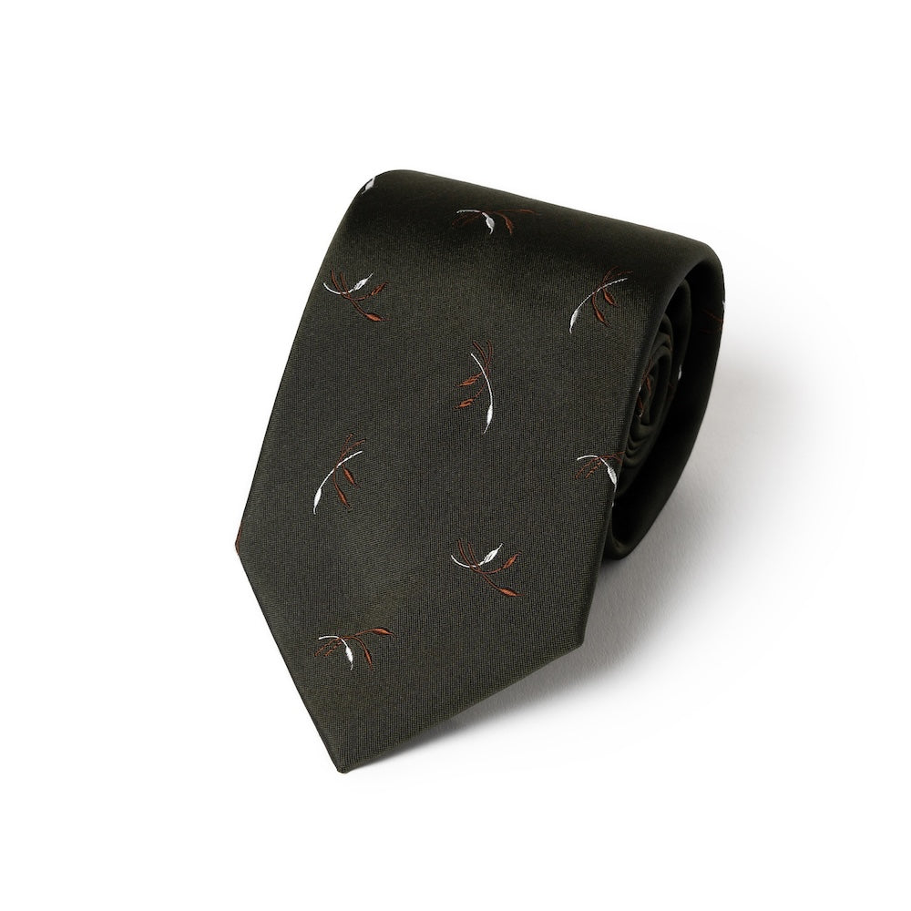 Leaf Motif Pattern Dark Green Woven Silk Tie