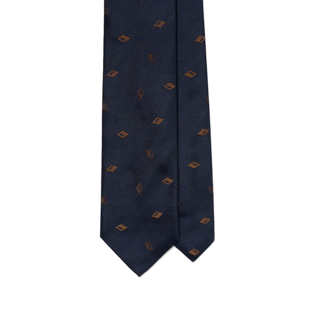 Brown Diamond Icon Pattern Dark Navy Woven Silk Tie