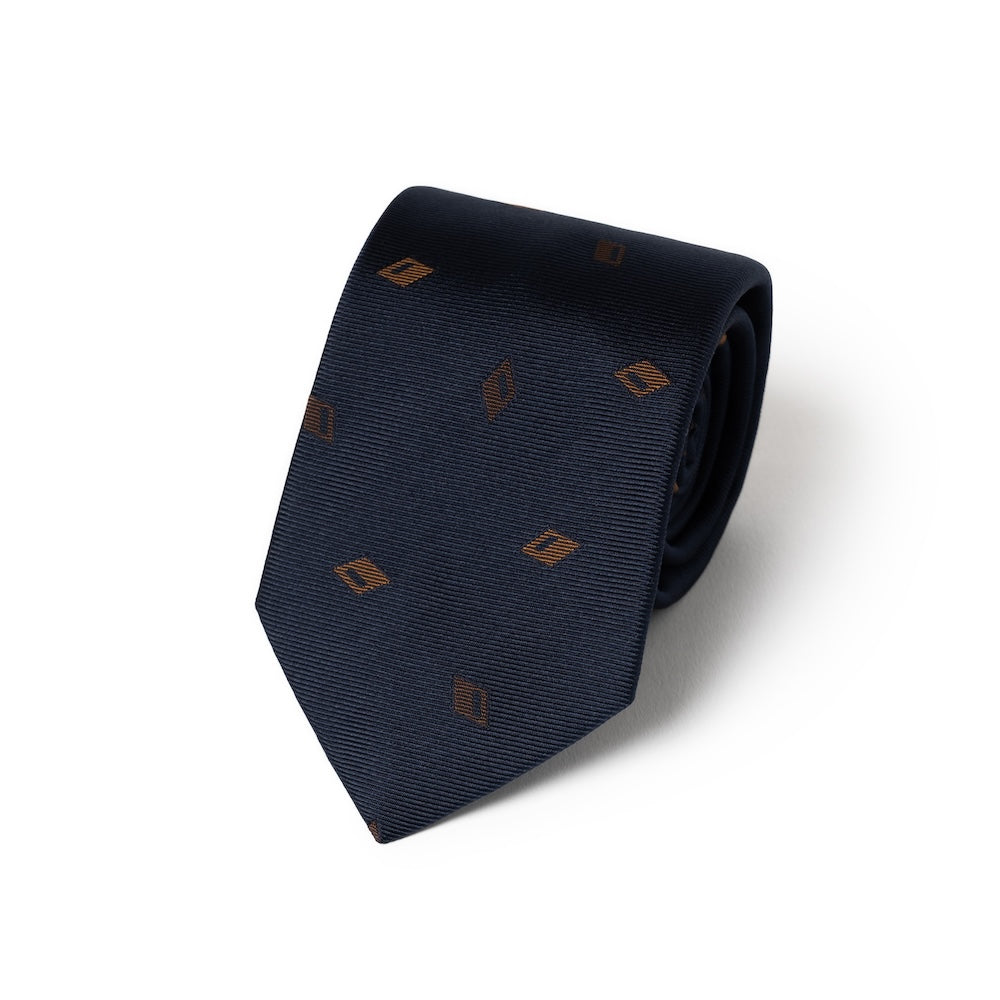 Brown Diamond Icon Pattern Dark Navy Woven Silk Tie