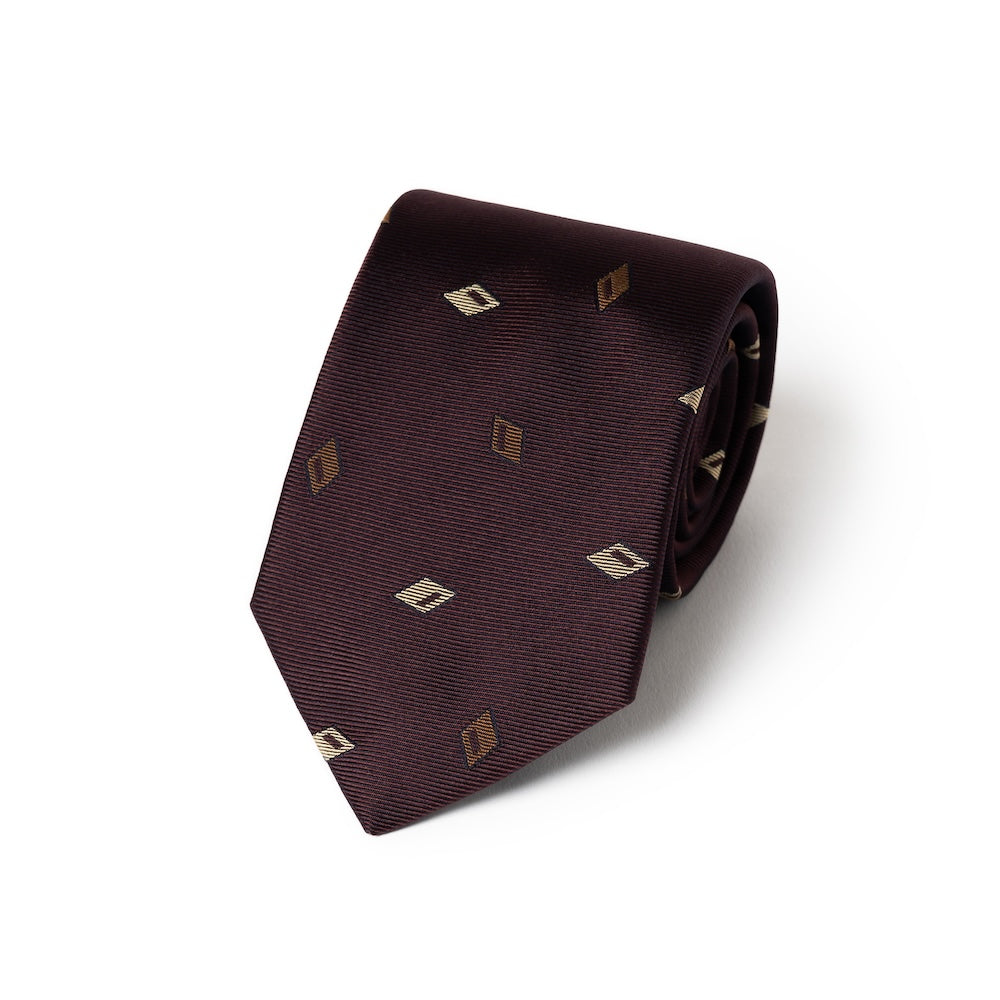 Brown Diamond Icon Pattern Deep Burgundy Woven Silk Tie