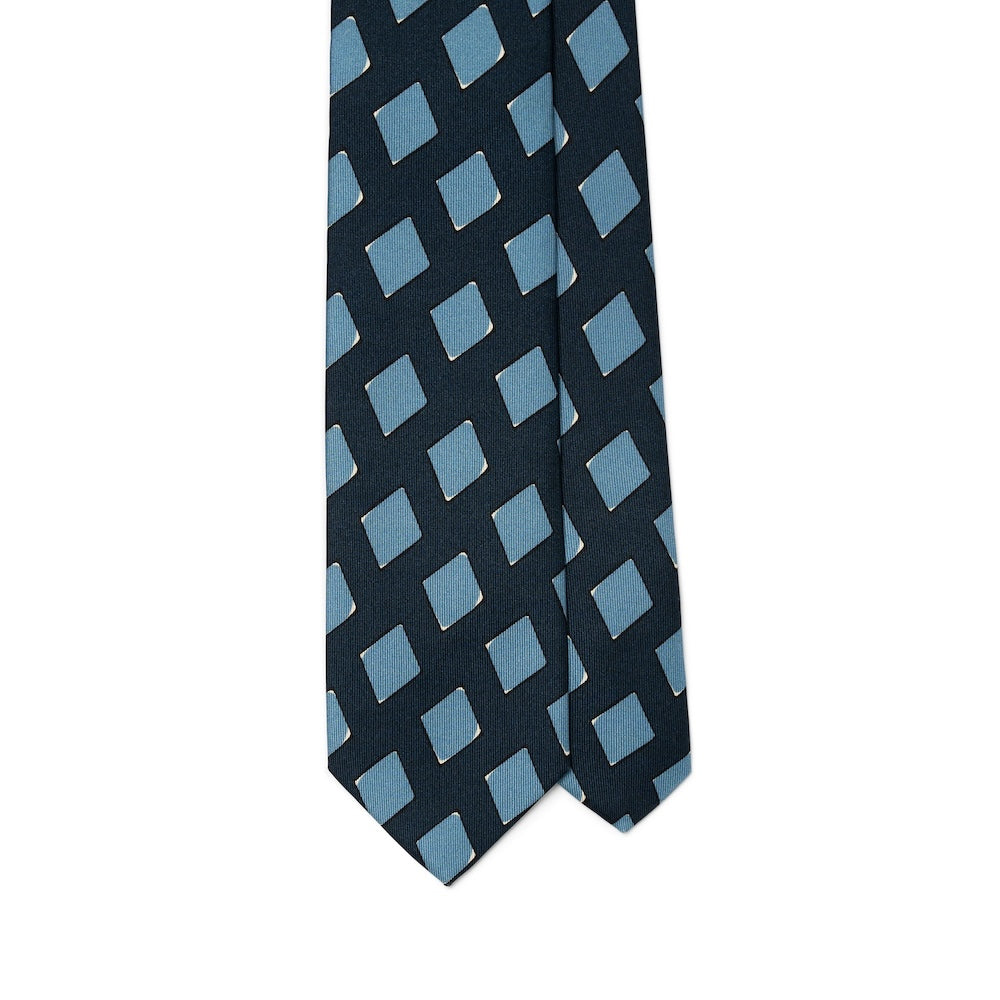 Blue Block Diamond Pattern Dark Navy Printed Silk Tie