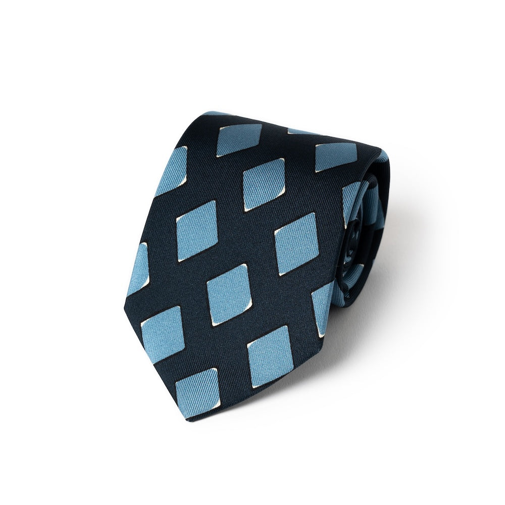 Blue Block Diamond Pattern Dark Navy Printed Silk Tie