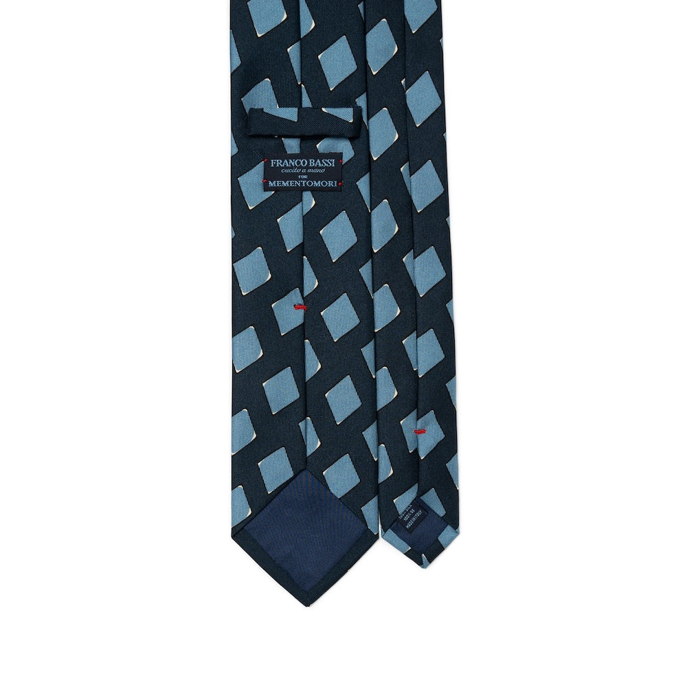 Blue Block Diamond Pattern Dark Navy Printed Silk Tie