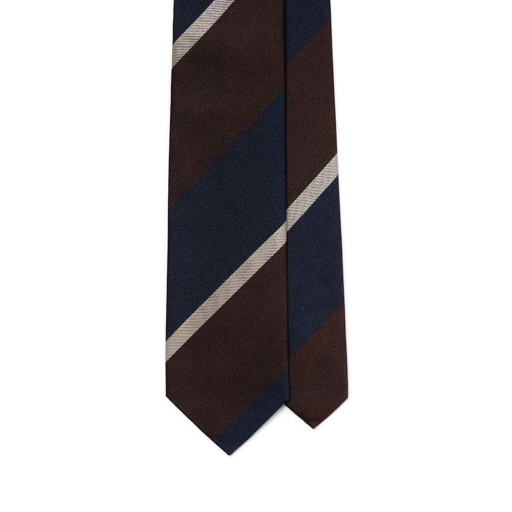 Franco Bassi Signature Block Stripe Dark Navy Brown Woven Silk Tie