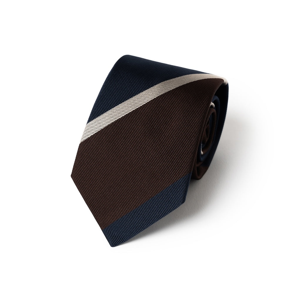 Franco Bassi Signature Block Stripe Dark Navy Brown Woven Silk Tie