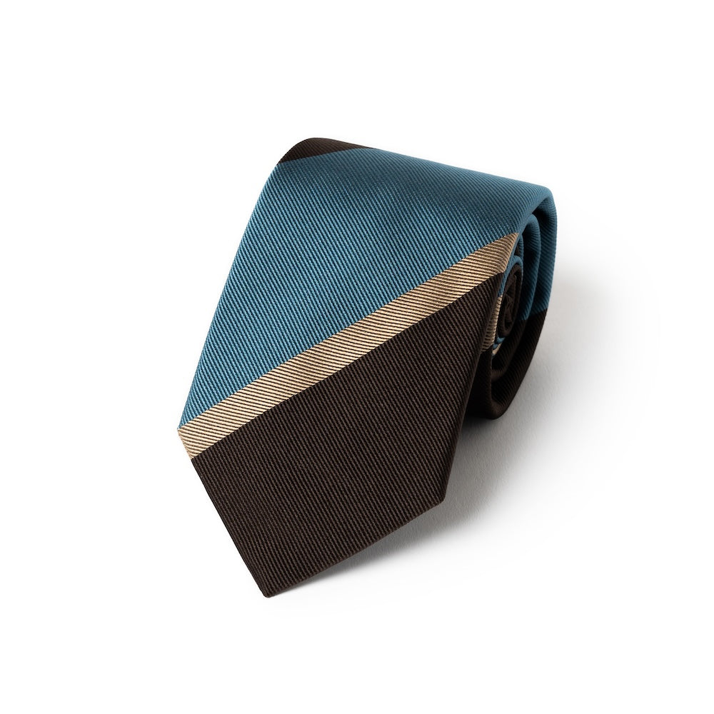 Franco Bassi Signature Block Stripe Espresso Brown Steel Blue Woven Silk Tie