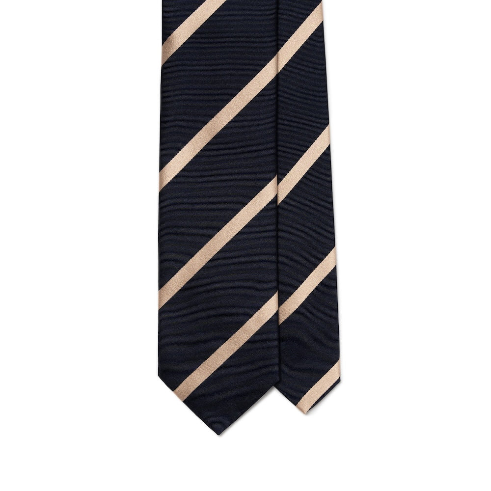 Franco Bassi Champagne Gold Satin Stripe Dark Navy Twill Woven Silk Tie